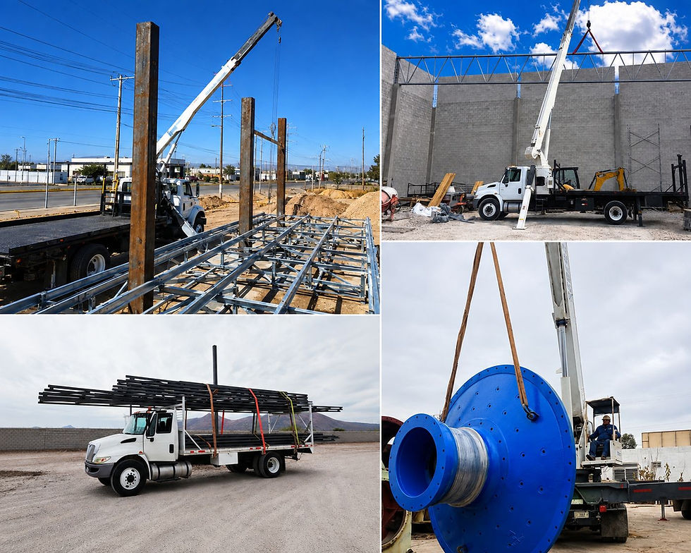 Servicios de transporte y grúas en obras y carga industrial.