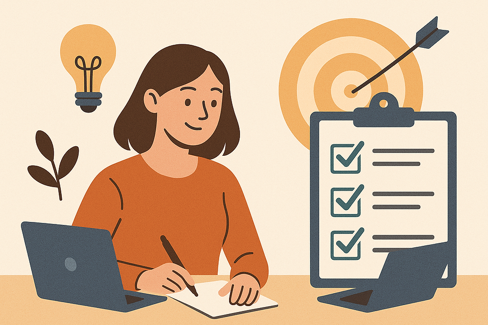 Illustration of a woman writing at a desk with laptops, a checklist, and a target with an arrow. Light bulb and leaves on a beige background.