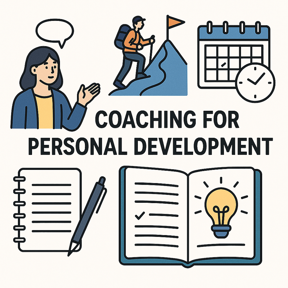 Illustration with person talking, hiker on mountain, calendar, clock, notebook, pen, and a lightbulb. Text: Coaching for Personal Development.