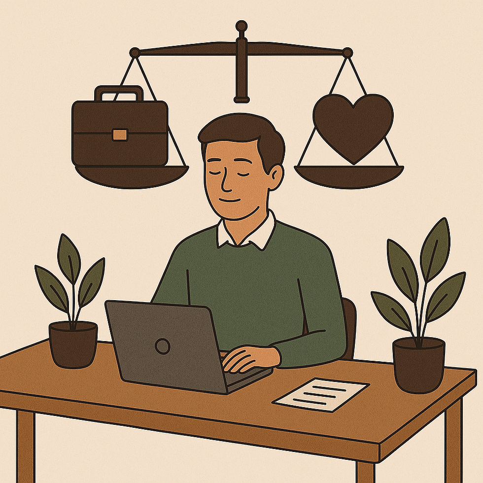 A person at a desk using a laptop, with a scale behind balancing a briefcase and heart. Two potted plants flank the desk. Mood is serene.