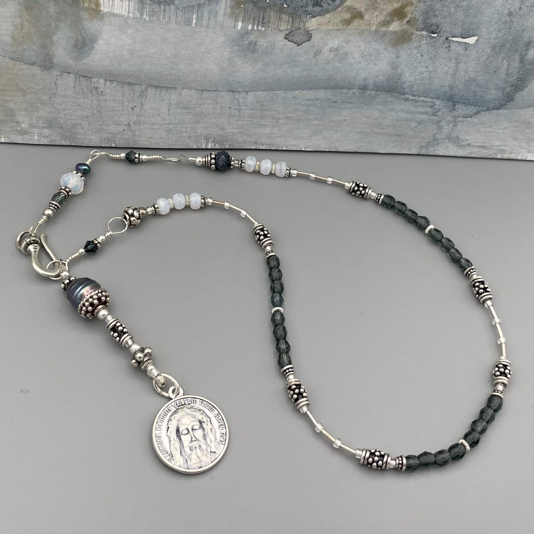 Holy Face of Jesus Moonstone & Pearl Lariat