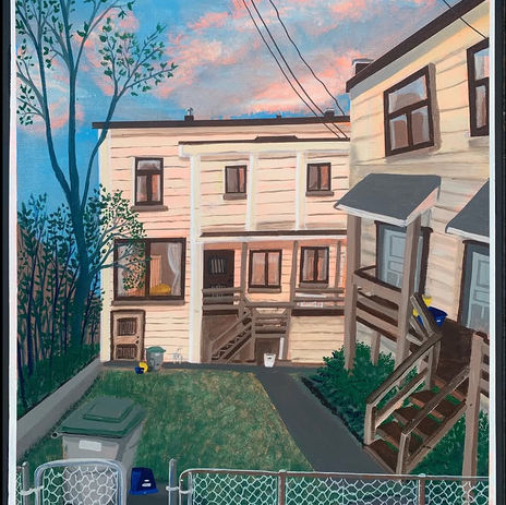 The communal outdoor space of a multi-family housing complex in Vancouver, at dusk.  The small lawn is empty and the space near the houses is full of garbage cans, recycling boxes and other detritus.  The space is being wasted.