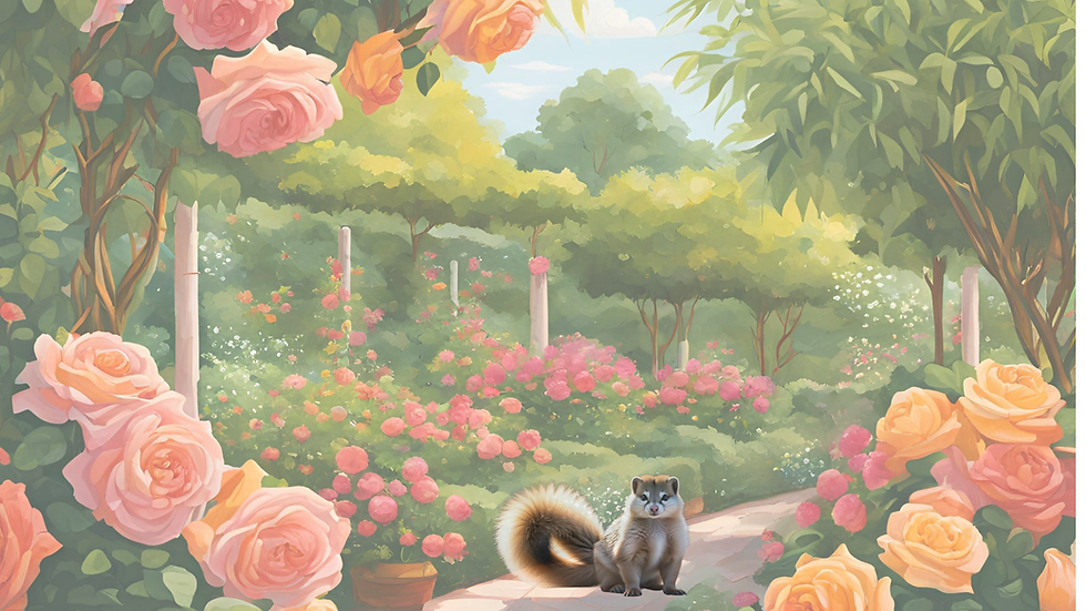 A mongoose sitting on a path in a flower garden.
