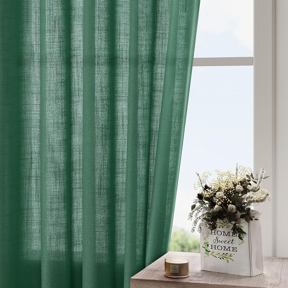 Green curtain by window, a vase with flowers and "Home Sweet Home" text on table, sunny background, warm and cozy ambiance.