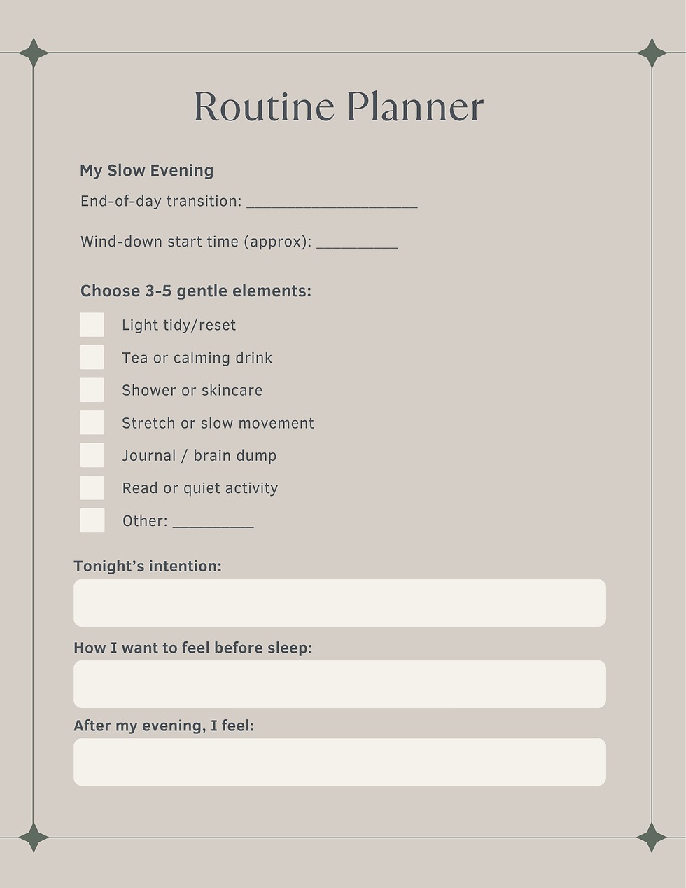 Beige Routine Planner worksheet for a slow evening, with checklist items and blank fields for intentions, feelings, and wind-down time.