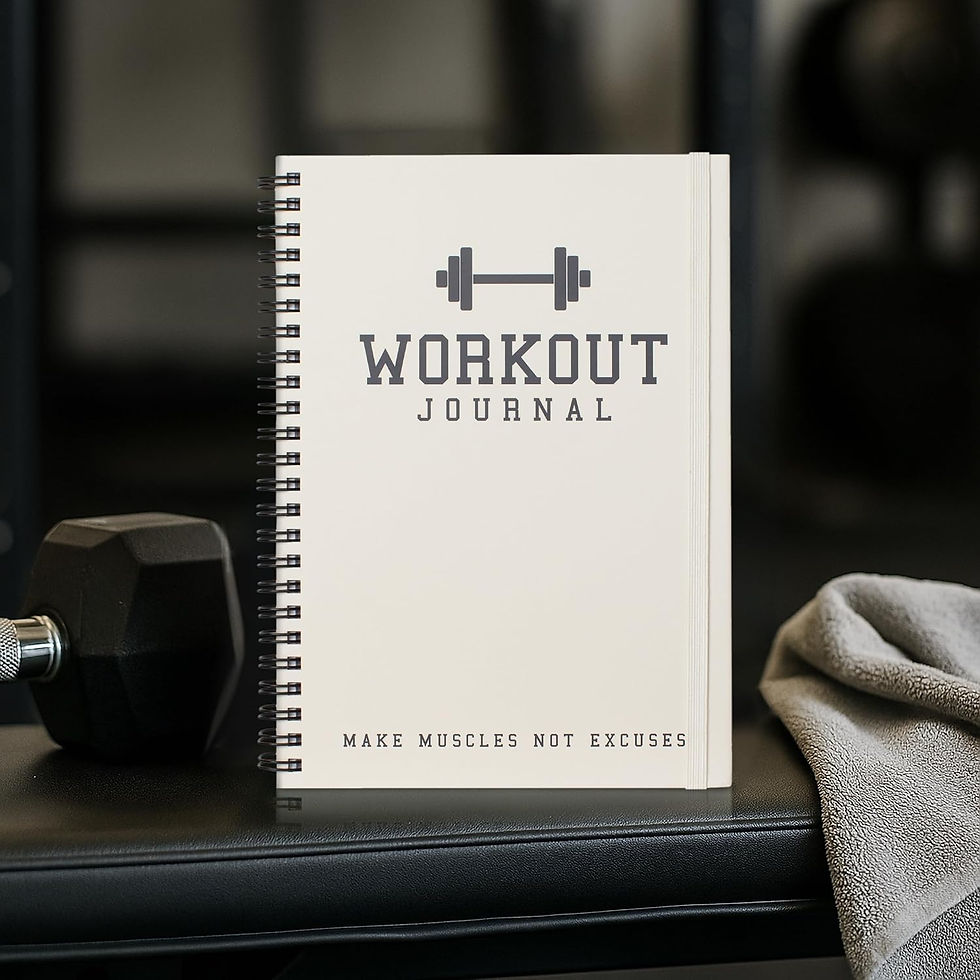 A workout journal with "Make muscles not excuses" text is on a gym bench. A black dumbbell and gray towel are beside it. The setting is a gym.