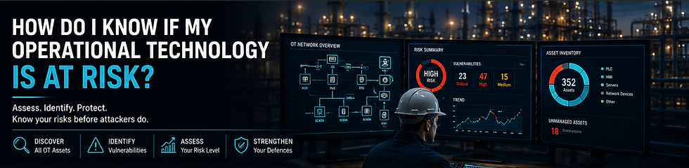Person in a hard hat monitors OT risk on screens at an industrial plant. Text reads "How do I know if my operational technology is at risk?"