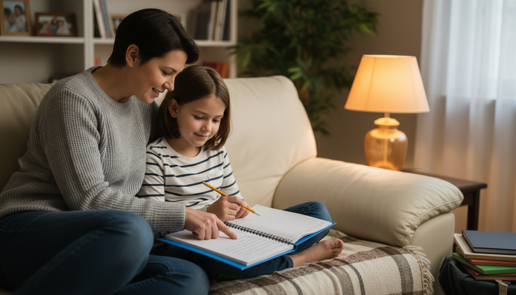 Close-up view of a parent and child sitting together on a couch with a school notebook between them.