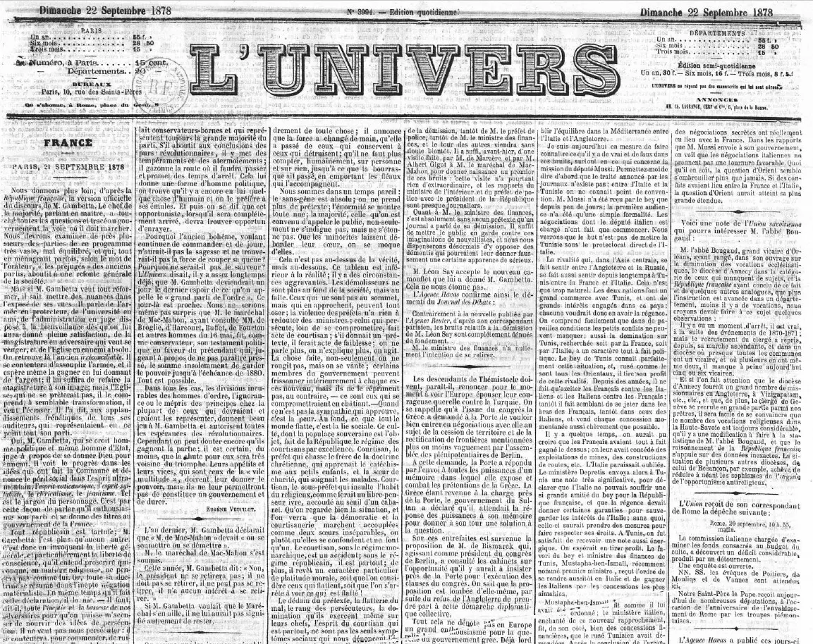 L'Univers, 22 settembre 1878