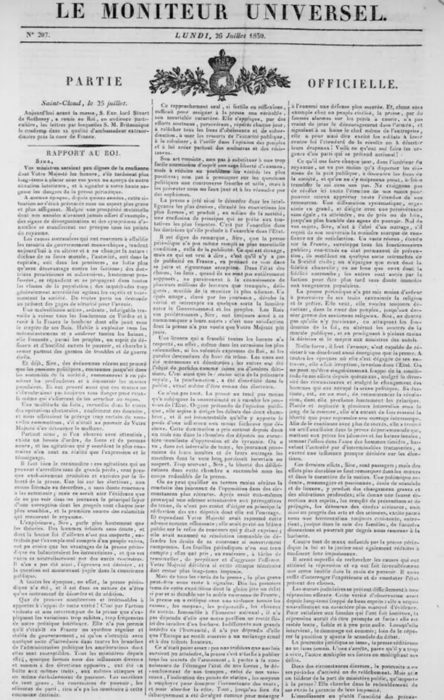 Le Moniteur Universel, 26 luglio 1830