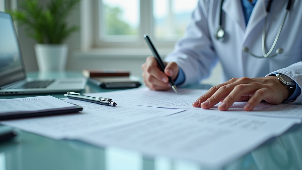 Eye-level view of a medical professional reviewing documents