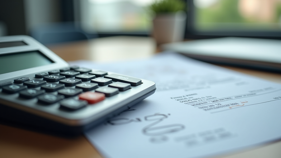 Close-up view of a calculator and medical bills on a desk