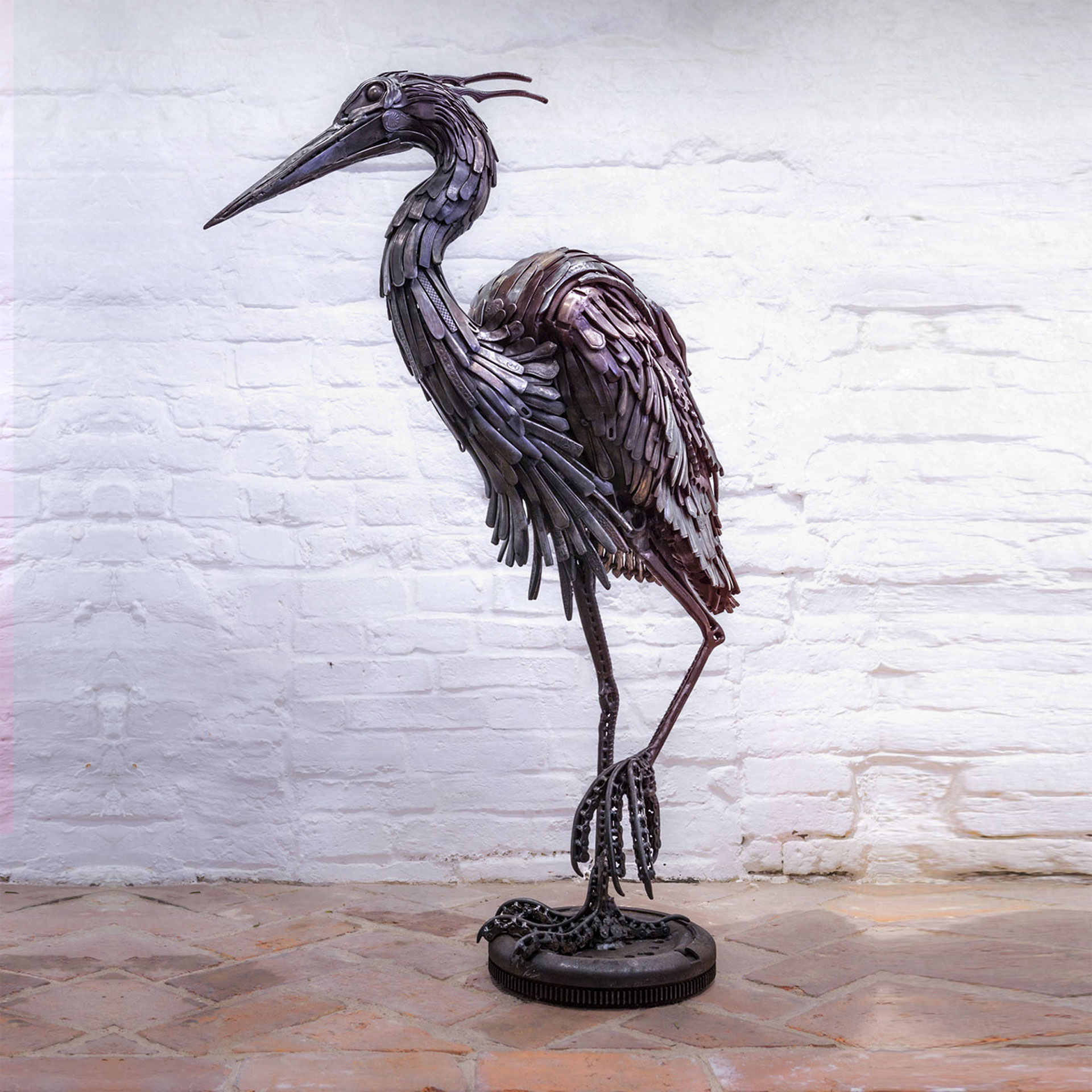 Gone Fishing (Heron) metal sculpture by Alan Williams