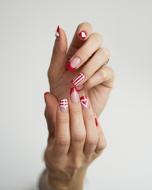 Rote French Nägel mit einem modernen Twist – perfektes Nageldesign, das klassische Eleganz mit einem Hauch von Farbe kombiniert.