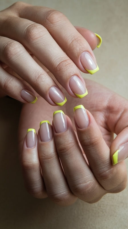 Gelbe Nägel Inspiration 2025: Trendige French-Nägel in Gelb für einen eleganten Touch.