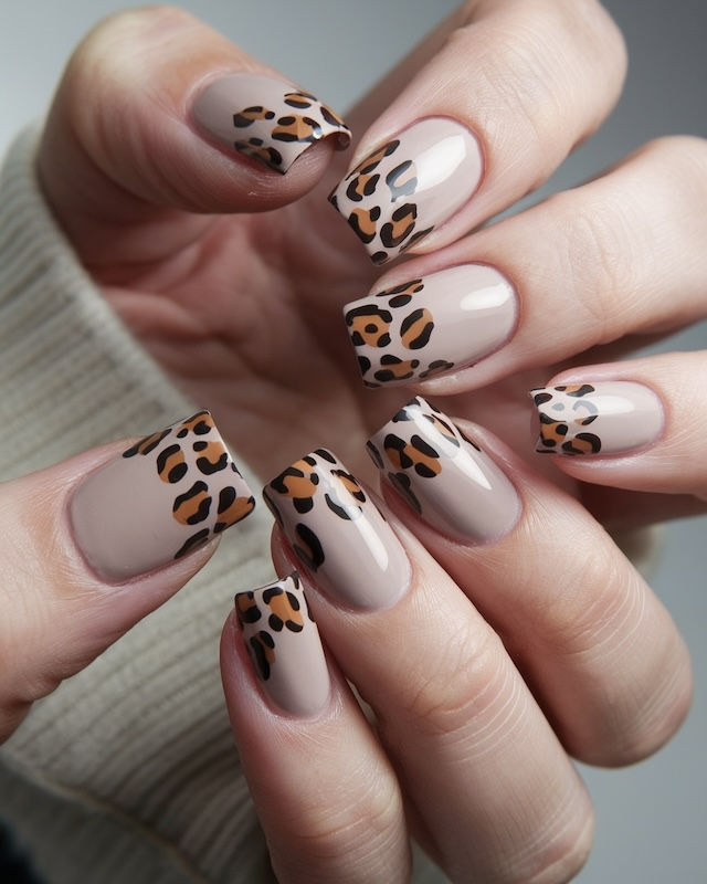 Elegante French Nägel mit weißen Spitzen und einem Leopardenmuster auf einem Akzentnagel für einen subtilen Wild-Look