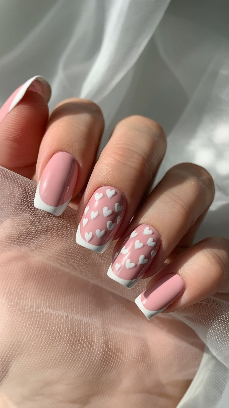 Klassisch und romantisch: French Nägel in Weiß mit roten Herzen – ein eleganter Look für verliebte Momente am Valentinstag.