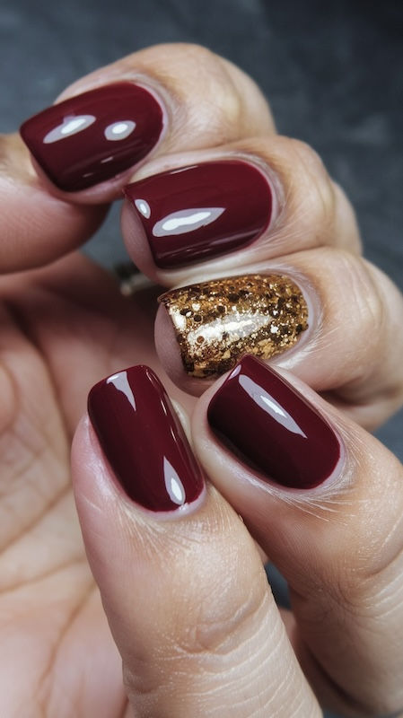 Hand mit bordeauxroten Nägeln, ein einzelner Nagel in glänzendem Gold für einen eleganten Look