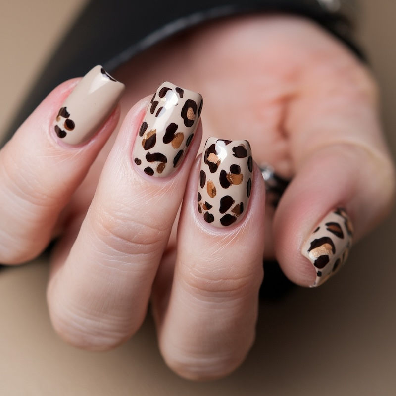 Schlichte kurze Nägel in neutralen Farben mit einem dezenten Leopardenmuster auf einem Nagel für einen eleganten Look.