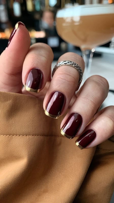 Edle bordeauxrote French-Nägel mit schimmerndem goldenem Glitzer-Tip, ideal für festliche Anlässe