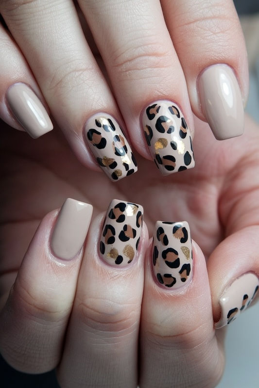 Vollständig gestaltete Nägel im Leopardenmuster mit klassischen Brauntönen und schwarzen Akzenten für einen auffälligen Look