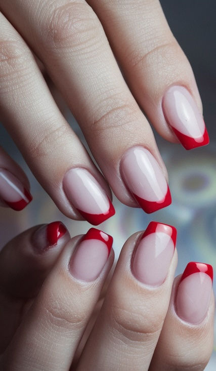 Elegante Rote French Nägel Design mit subtiler roter Spitze für einen stilvollen und klassischen Look, perfekt für jeden Anlass.