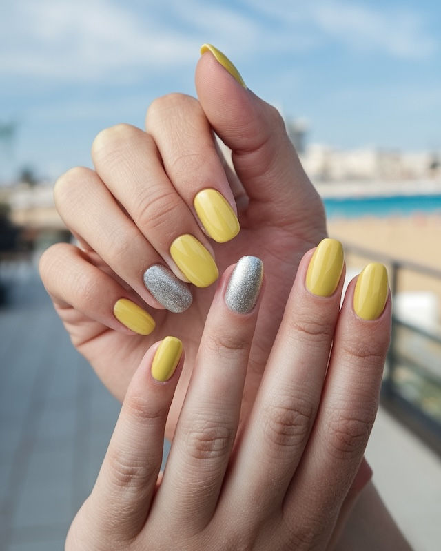 Gelbe Nägel Inspiration 2025: Kreative Designs mit Gelb und silbernen Akzenten für Extravaganz.