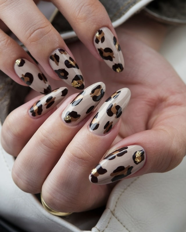 Komplett mit Leopardenmuster gestaltete Mandelform-Nägel, die für einen auffälligen und edlen Style sorgen