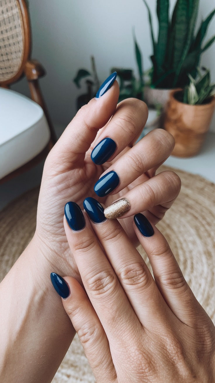  Dunkelblaue Nägel mit glänzendem Finish, ideal für elegante Abendlooks und festliche Anlässe