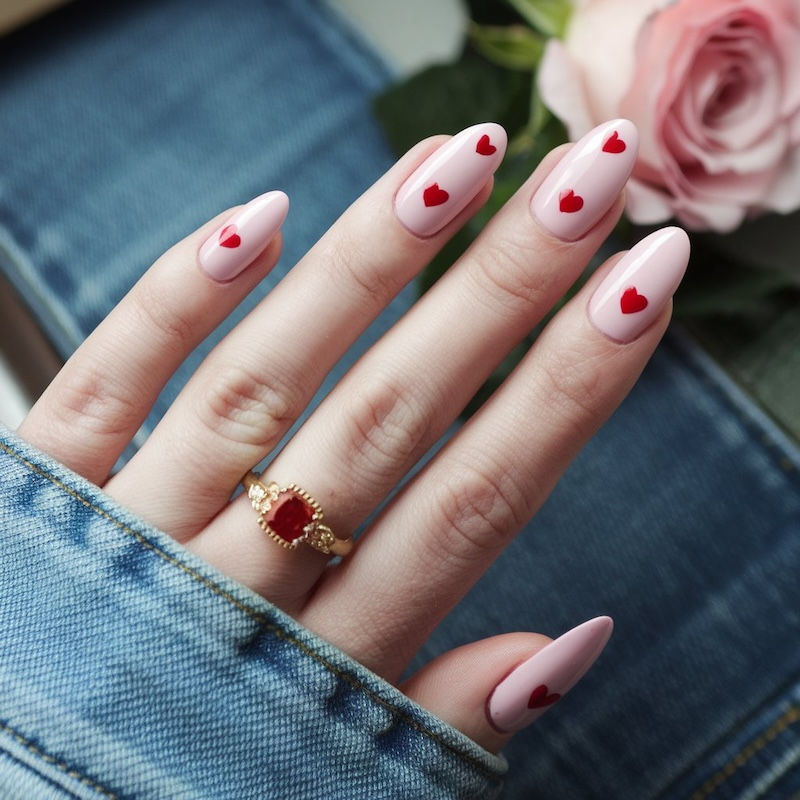 Zeitlos und ausdrucksstark: Rosa Nägel mit roten Herzen – der perfekte Hingucker für romantische Valentinstagsmomente.