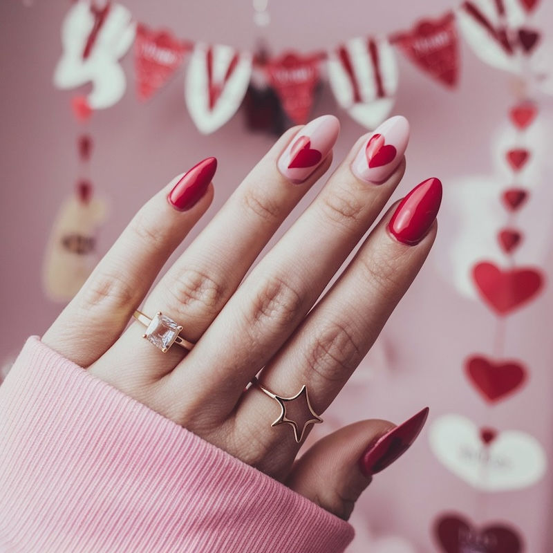 Lebendig und dynamisch: Rote und pinke Nägel mit Herz-Design – ein auffälliger und romantischer Look für den Tag der Liebe.