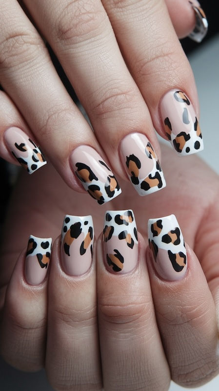 Kreative French Nägel mit Leopardenmuster an den Spitzen, kombiniert mit einer neutralen Basisfarbe für einen modernen Twist.