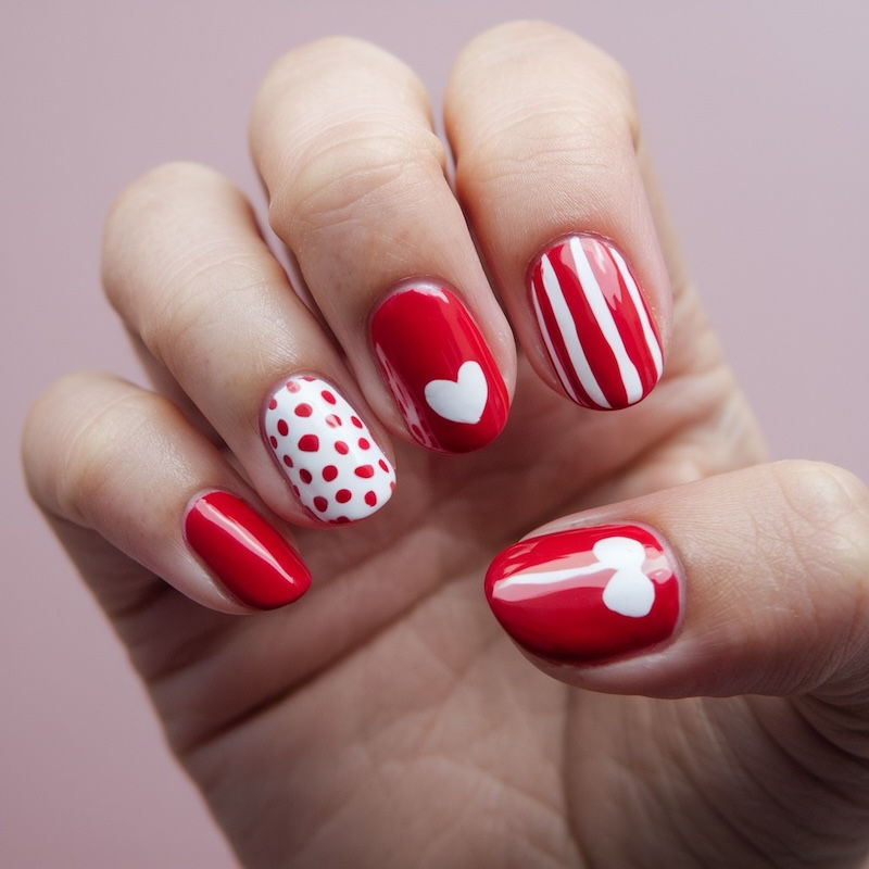 Kraftvoll und romantisch: Rote Nägel mit Herz-Design verkörpern Leidenschaft und sind ein echter Klassiker am Valentinstag.