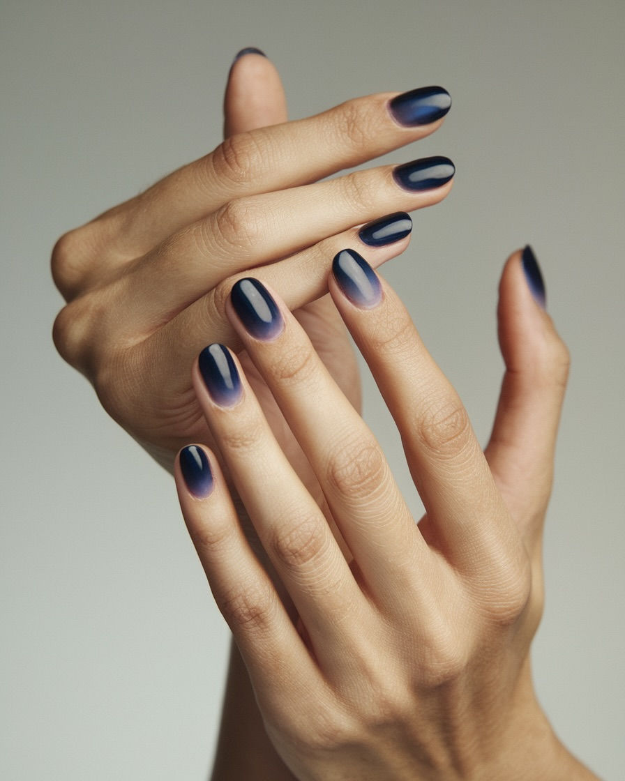 Perfekte dunkelblaue Nägel, die einen edlen, tiefen Farbton mit luxuriösem Glanz bieten.