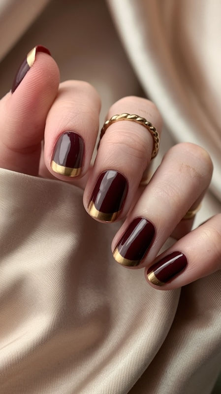 French Nägel Dunkelrot mit Gold