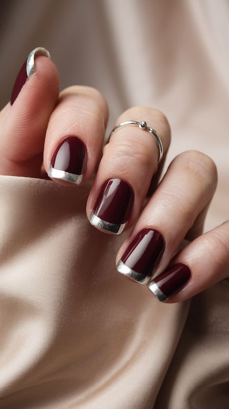 Stilvolle bordeauxrote French-Nägel mit schimmerndem silbernem Glitzer-Tip, dezent und elegant
