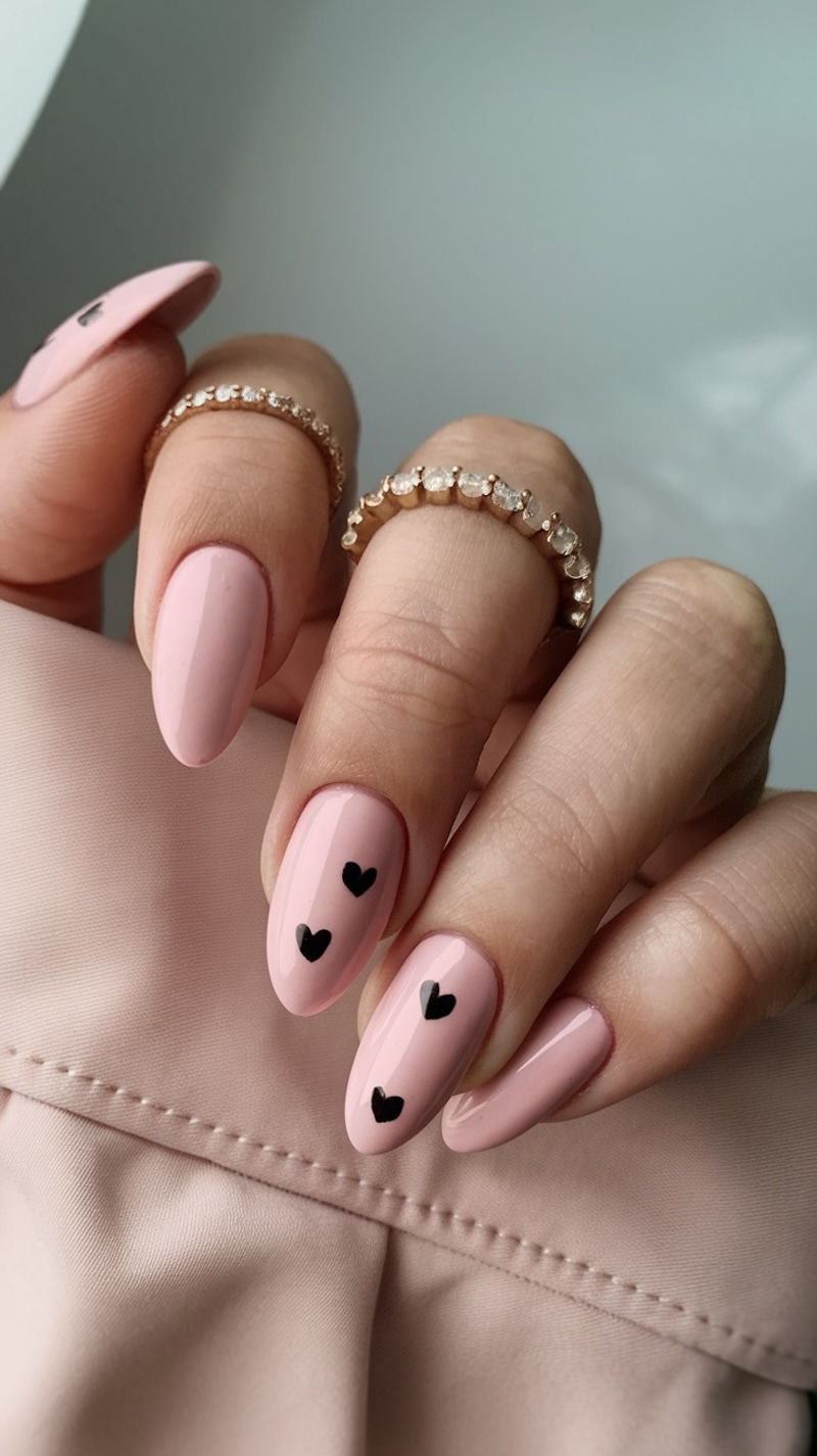 Romantisch und modern: Rosa Nägel mit schwarzem Herz – die perfekte kontrastreiche Idee für Valentinstag-Looks mit Stil.