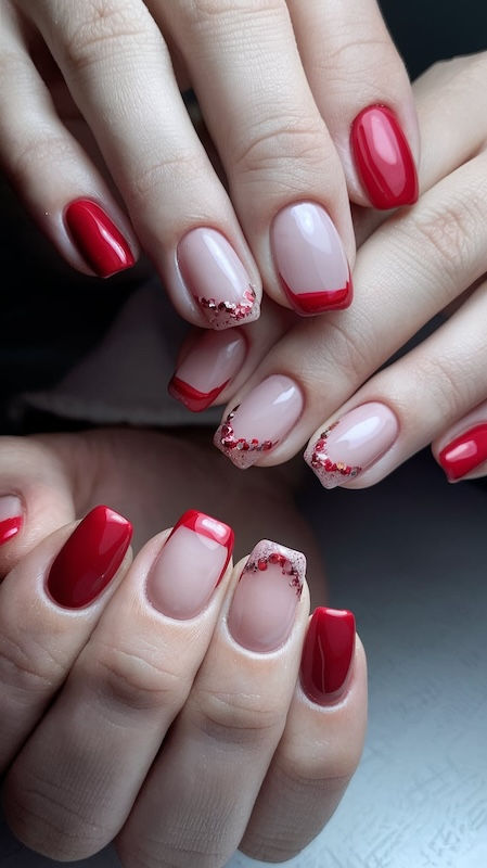 Verleih deinen Nägeln mit diesem kreativen Rote French Nägel Design eine elegante Note, ideal für die Feiertage oder besondere Events.