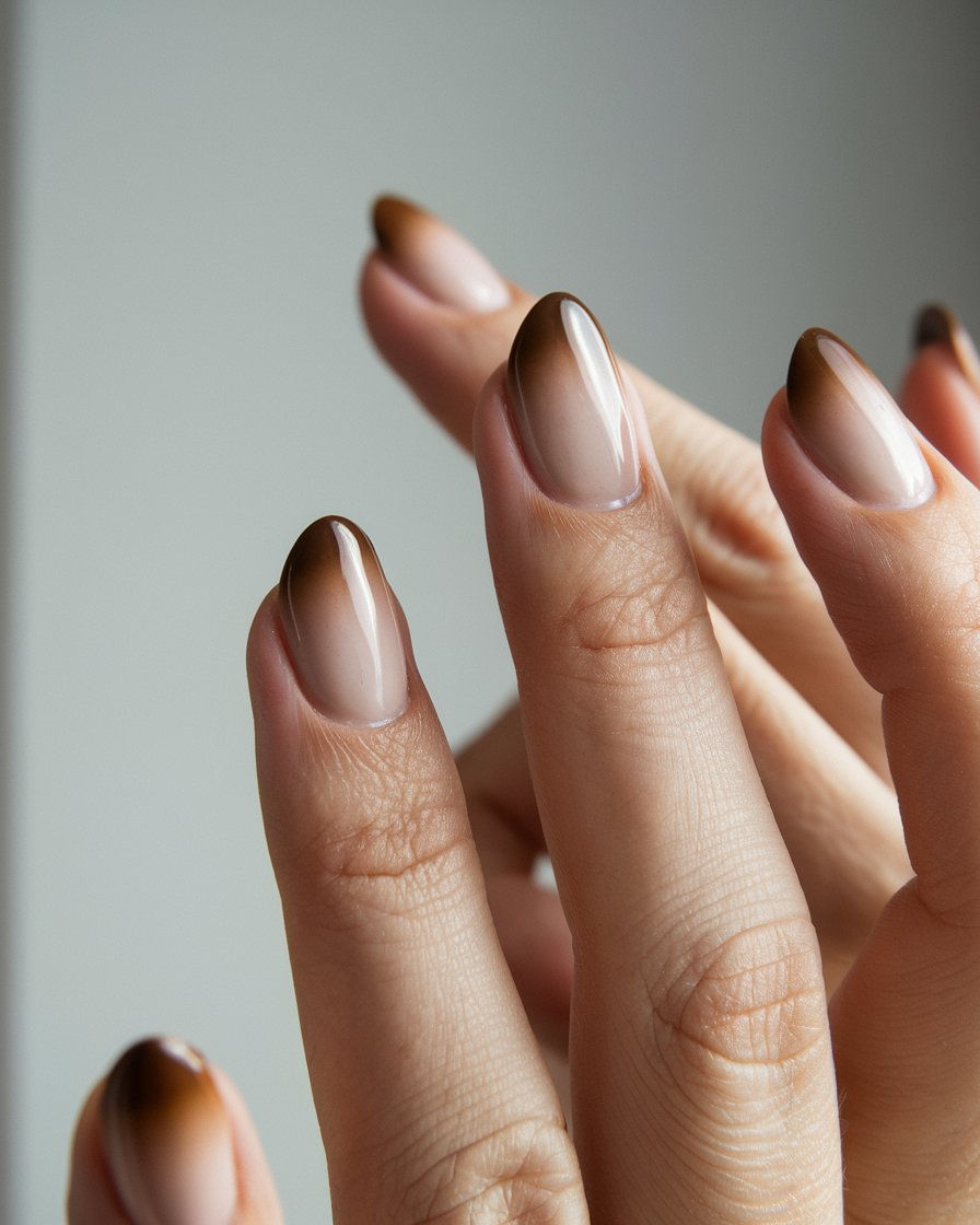 Elegante braune Nägel mit glänzendem Finish – perfekte Inspiration für klassische Looks.