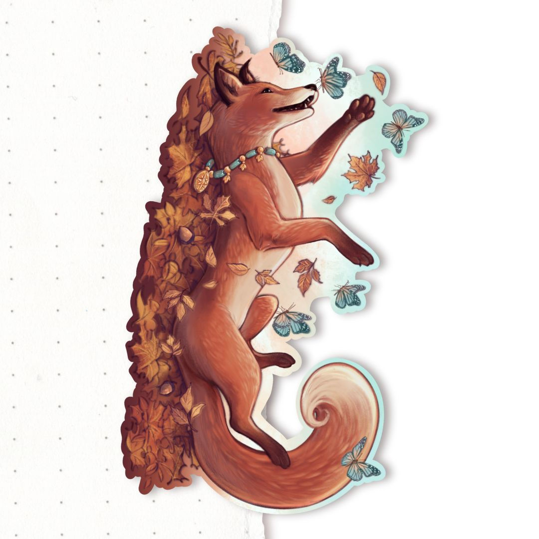 Happy Fox playing with Fall Leaves Waterproof Die-Cut Sticker