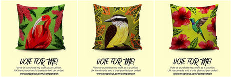 Wraptious cushion competition. surface design. vector illustrations. birdlife. botanical. floral.scarlet ibis.kiskadee.hummingbird.trinidad and tobago