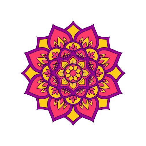 Colorful mandala art with pink, purple, and yellow petals on black background.