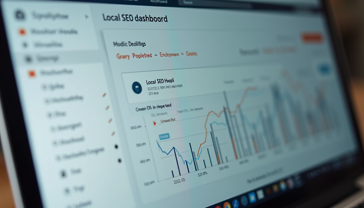 Close-up view of a laptop screen showing local SEO dashboard with rankings and keywords