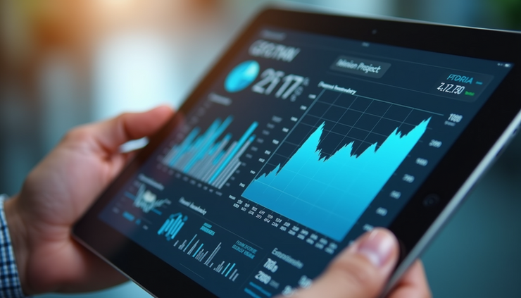 High angle view of a graph showing business growth metrics on a tablet screen