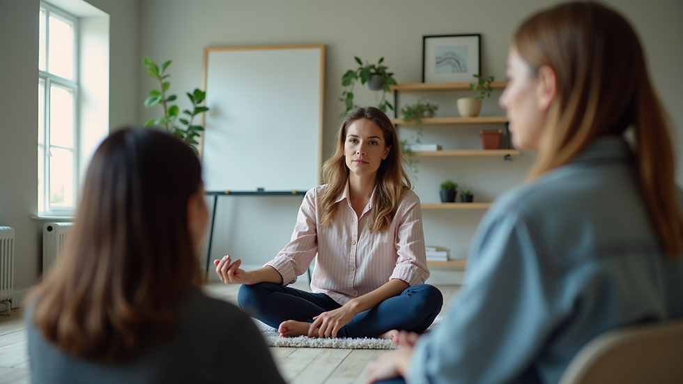Eye-level view of a therapist guiding a client through breathing exercises during an online session
