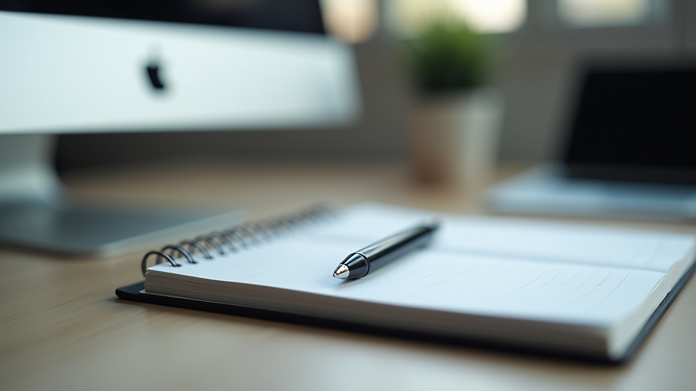 Close-up view of a notebook and pen on a desk next to a computer