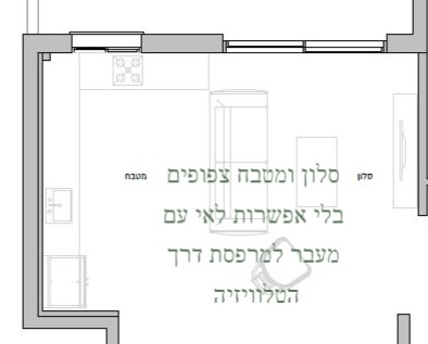 שרטוט חלל ציבורי כשספה בגב המטבח והמעבר למרפסת דרך הטלוויזיה