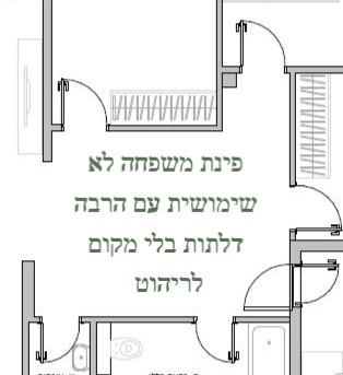 שרטוט מפינת משפחה עם 6 דלתות שלא מאפשרות למקם ריהוט