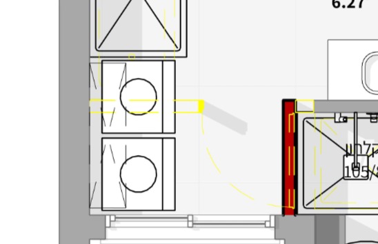 שרטוט פינת כביסה של מייבש לצד מכונה עם אפשרות לאחסון נוסף מעליהם