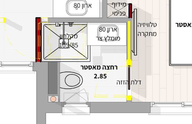 שרטוט חדר רחצה קובייתי עם קיר אחד שזז שהגדיל את המקלחון